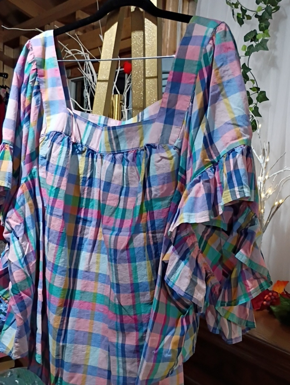Terra & Sky Pastel Multicolor Plaid Ruffle Sleeve Blouse